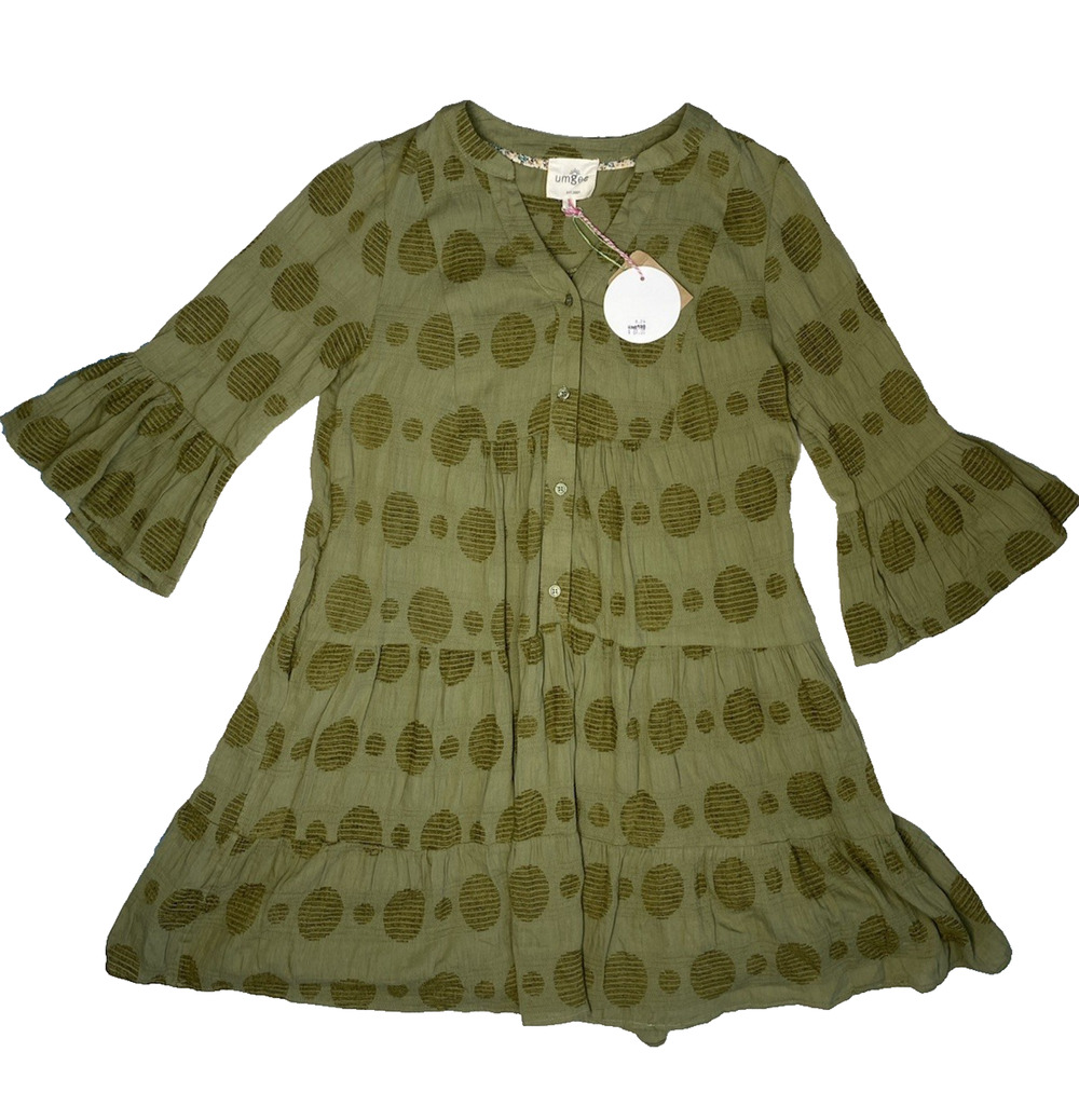 Umgee Babydoll Dress Small NEW Green Jacquard Polka Dot Bell Sleeve Boho Peasant
